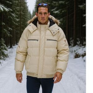 Guess Men's Cream Front-Zip Logo Faux Fur Hooded Parka Coat Jacket Size XL//TG